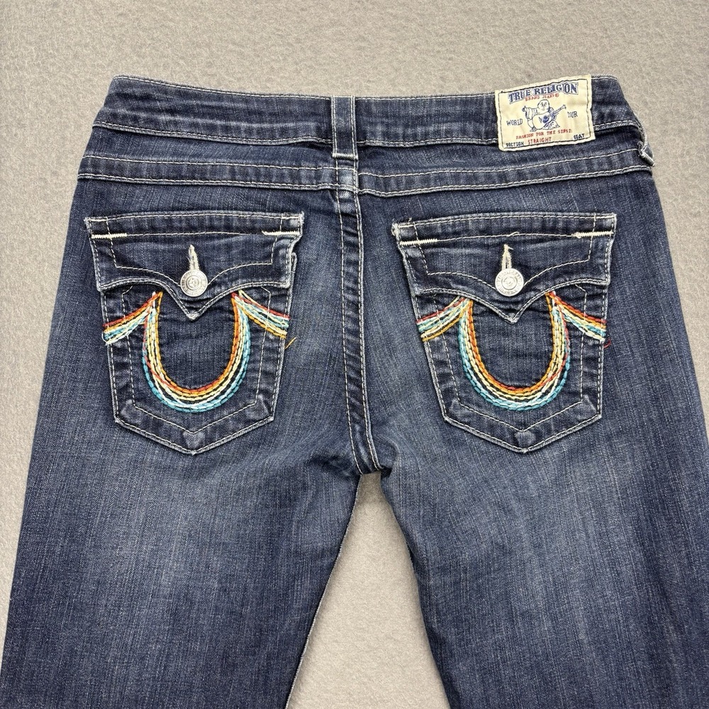 True Religion Jeans Womens 29 Blue Low Rise Dark Wash Rainbow Pockets Y2K USA - Picture 13 of 15